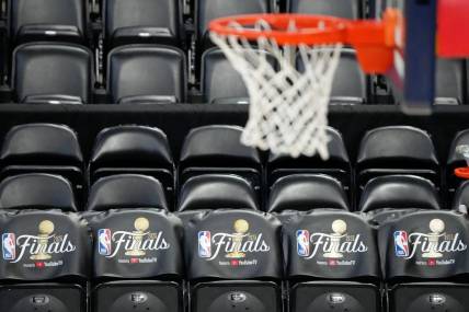 May 31, 2023; Denver, CO, USA; A general view of team benches with the 2023 NBA Finals logo during a practice session on media day before the 2023 NBA Finals at Ball Arena. Mandatory Credit: Kyle Terada-USA TODAY Sports