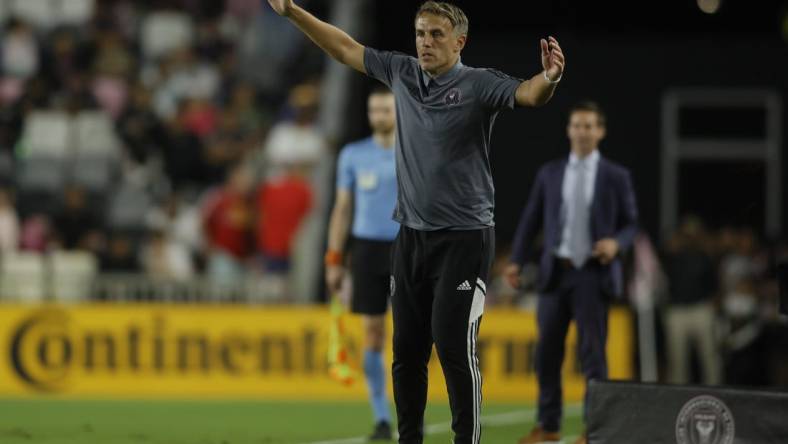 May 31, 2023; Fort Lauderdale, Florida, USA;  Inter Miami head coach Phil Neville in action against the New York Red Bulls at DRV PNK Stadium. Mandatory Credit: Sam Navarro-USA TODAY Sports