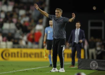 May 31, 2023; Fort Lauderdale, Florida, USA;  Inter Miami head coach Phil Neville in action against the New York Red Bulls at DRV PNK Stadium. Mandatory Credit: Sam Navarro-USA TODAY Sports
