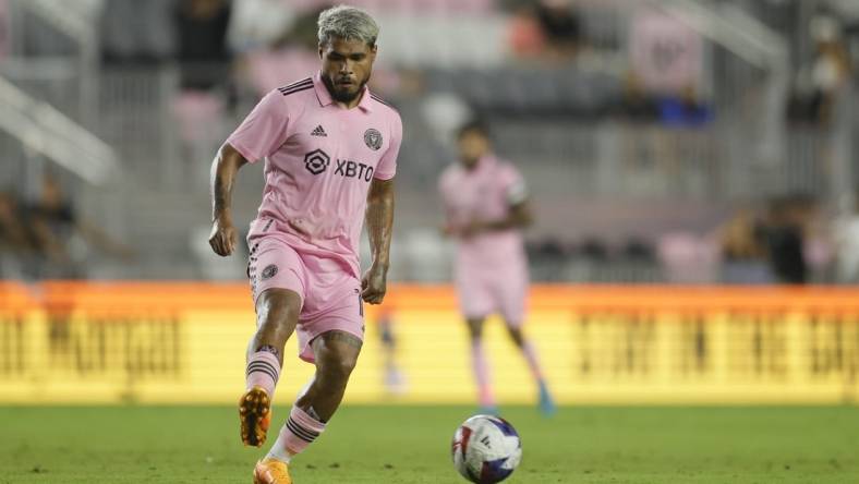 May 31, 2023; Fort Lauderdale, Florida, USA;  Inter Miami forward Josef Martinez (17) in action against the New York Red Bulls at DRV PNK Stadium. Mandatory Credit: Sam Navarro-USA TODAY Sports