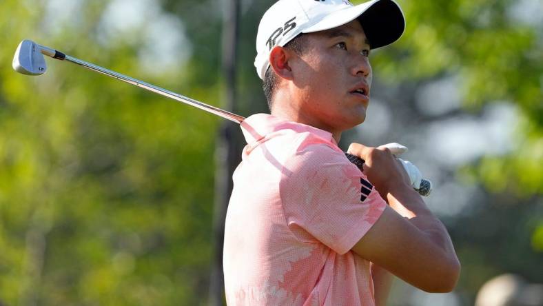 June 1, 2023: Dublin, Ohio, USA; Collin Morikawa watches his tee shot on the 12th tee during opening round of the Memorial Tournament at Muirfield Village Golf Club.