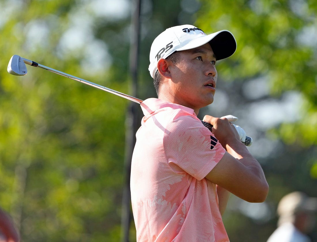 June 1, 2023: Dublin, Ohio, USA; Collin Morikawa watches his tee shot on the 12th tee during opening round of the Memorial Tournament at Muirfield Village Golf Club.