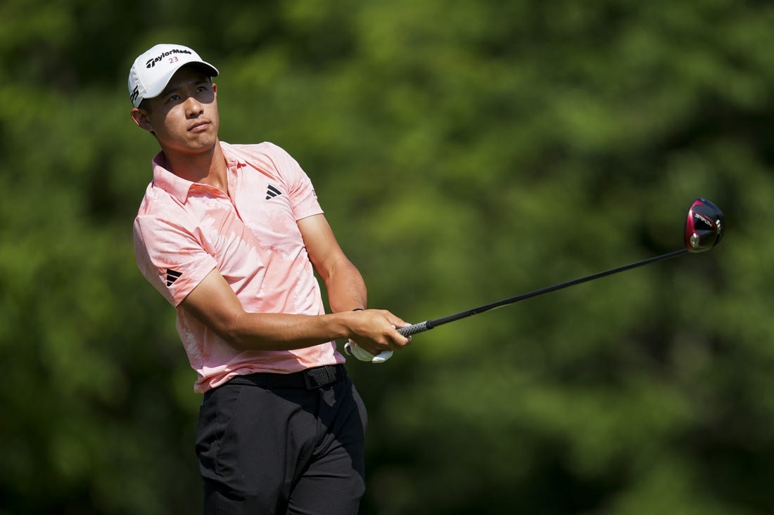 Jun 1, 2023; Dublin, Ohio, USA; Collin Morikawa plays his shot from the 18th tee during the first round of the Memorial Tournament golf tournament at the Muirfield Village Golf Club. Mandatory Credit: Aaron Doster-USA TODAY Sports