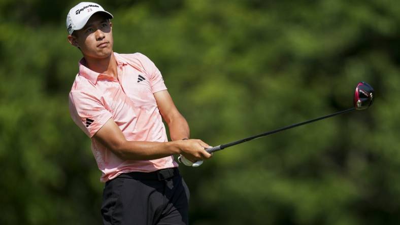 Jun 1, 2023; Dublin, Ohio, USA; Collin Morikawa plays his shot from the 18th tee during the first round of the Memorial Tournament golf tournament at the Muirfield Village Golf Club. Mandatory Credit: Aaron Doster-USA TODAY Sports