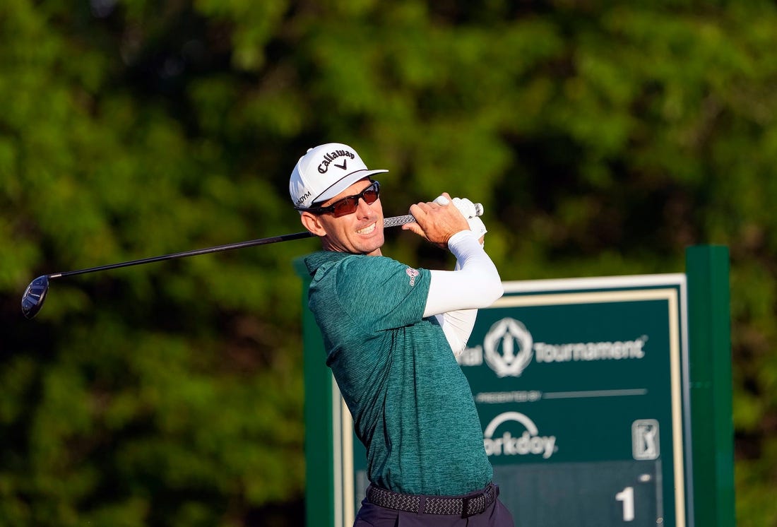 June 1, 2023: Dublin, Ohio, USA; Dylan Frittelli watches his tee shot on the first hole during opening round of the Memorial Tournament at Muirfield Village Golf Club.