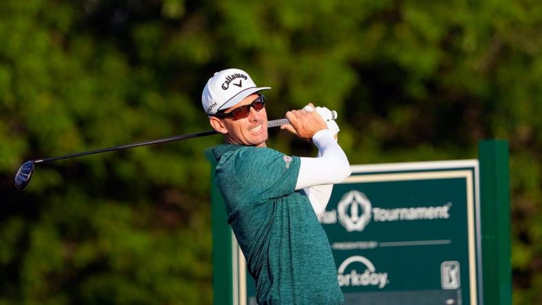 June 1, 2023: Dublin, Ohio, USA; Dylan Frittelli watches his tee shot on the first hole during opening round of the Memorial Tournament at Muirfield Village Golf Club.