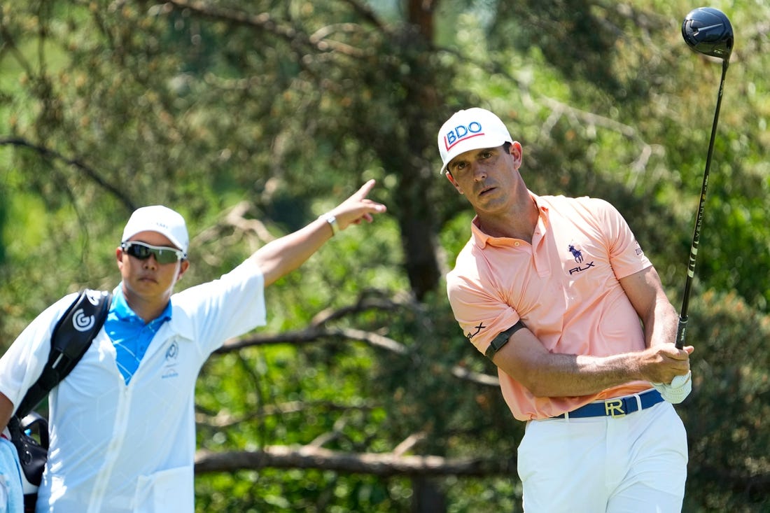 June 1, 2023; Dublin, Ohio, USA;  Billy Horschell hits his tee shot to the left from the second tee during the opening round of the Memorial Tournament at Muirfield Village Golf Club.