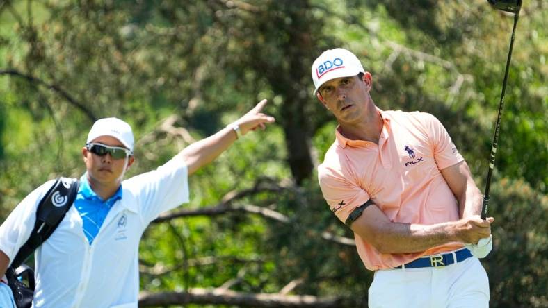 June 1, 2023; Dublin, Ohio, USA;  Billy Horschell hits his tee shot to the left from the second tee during the opening round of the Memorial Tournament at Muirfield Village Golf Club.