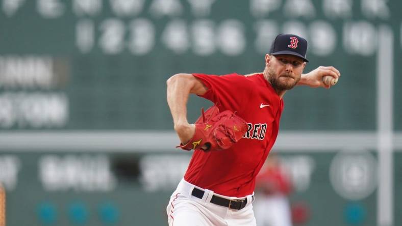 Jun 1, 2023; Boston, Massachusetts, USA; Boston Red Sox starting pitcher Chris Sale (41) throws a pitch against the Cincinnati Reds in the first inning at Fenway Park. Mandatory Credit: David Butler II-USA TODAY Sports