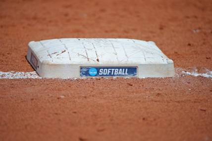 A softball base is seen during a softball game between Oklahoma and Stanford in the Women's College World Series at USA Softball Hall of Fame Stadium in Oklahoma City, Thursday, June 1, 2023.