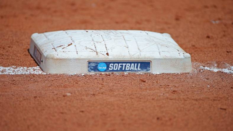 A softball base is seen during a softball game between Oklahoma and Stanford in the Women's College World Series at USA Softball Hall of Fame Stadium in Oklahoma City, Thursday, June 1, 2023.