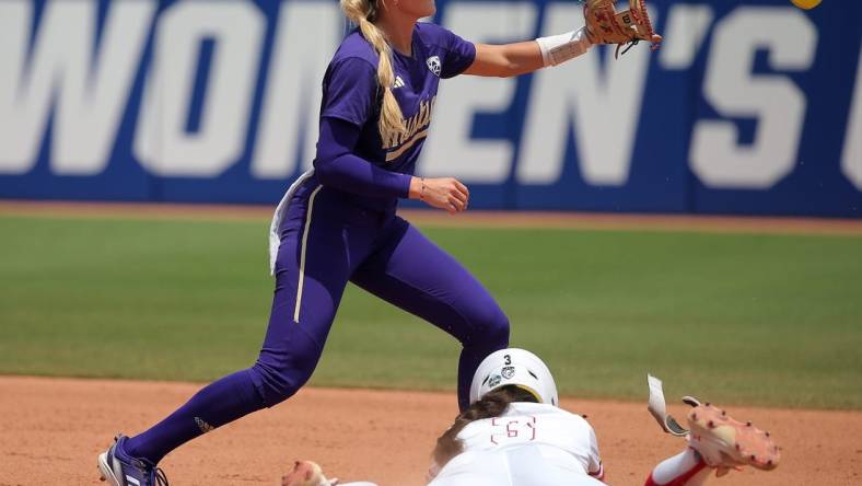 Utah's Haley Denning (3) slides to second as Washington's Rylee Holtorf (3) waits on the ball in the second inning of a softball game between Utah and Washington in the Women's College World Series at USA Softball Hall of Fame Stadium in Oklahoma City, Friday, June 2, 2023. Washington won 4-1.