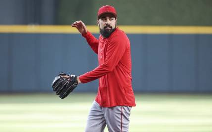 Jun 2, 2023; Houston, Texas, USA; Los Angeles Angels infielder Anthony Rendon during infield practice before the game against the Houston Astros at Minute Maid Park. Mandatory Credit: Troy Taormina-USA TODAY Sports