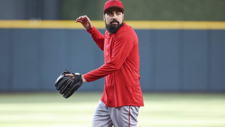 Jun 2, 2023; Houston, Texas, USA; Los Angeles Angels infielder Anthony Rendon during infield practice before the game against the Houston Astros at Minute Maid Park. Mandatory Credit: Troy Taormina-USA TODAY Sports