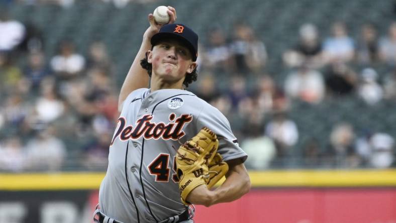 Jun 2, 2023; Chicago, Illinois, USA;  Detroit Tigers starting pitcher Reese Olson (45) delivers against the Chicago White Sox during the first inning at Guaranteed Rate Field. Mandatory Credit: Matt Marton-USA TODAY Sports