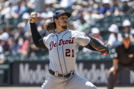Jun 3, 2023; Chicago, Illinois, USA; Detroit Tigers starting pitcher Michael Lorenzen (21) pitches against the Chicago White Sox during the first inning at Guaranteed Rate Field. Mandatory Credit: Kamil Krzaczynski-USA TODAY Sports