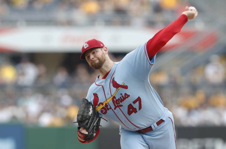 Jun 3, 2023; Pittsburgh, Pennsylvania, USA;  St. Louis Cardinals starting pitcher Jordan Montgomery (47) delivers a pitch against the Pittsburgh Pirates during the first inning at PNC Park. Mandatory Credit: Charles LeClaire-USA TODAY Sports