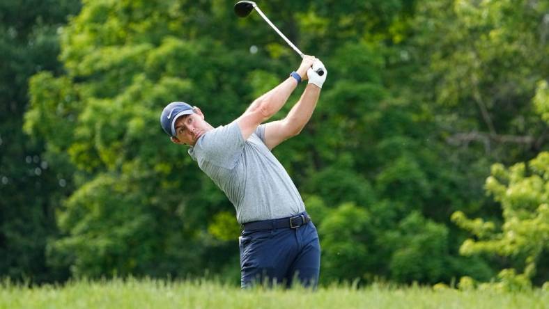 June 3, 2023; Dublin, Ohio, USA;  Rory McIlroy tees off on 18 during the third round of the Memorial Tournament at Muirfield Village Golf Club.