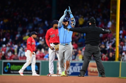 Jun 3, 2023; Boston, Massachusetts, USA; Tampa Bay Rays left fielder Harold Ramirez (43) reacts to being called safe at second base during the sixth inning against the Boston Red Sox at Fenway Park. Mandatory Credit: Eric Canha-USA TODAY Sports
