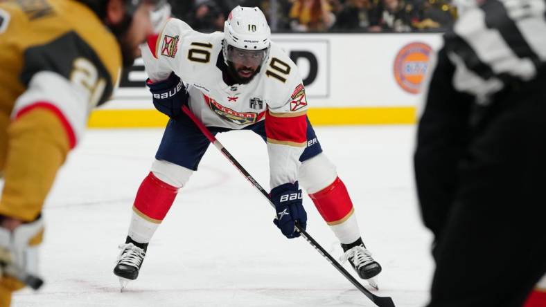 Jun 3, 2023; Las Vegas, Nevada, USA; Florida Panthers left wing Anthony Duclair (10) waits for a faceoff against the Vegas Golden Knights in the first period in game one of the 2023 Stanley Cup Final at T-Mobile Arena. Mandatory Credit: Stephen R. Sylvanie-USA TODAY Sports