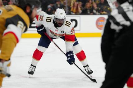 Jun 3, 2023; Las Vegas, Nevada, USA; Florida Panthers left wing Anthony Duclair (10) waits for a faceoff against the Vegas Golden Knights in the first period in game one of the 2023 Stanley Cup Final at T-Mobile Arena. Mandatory Credit: Stephen R. Sylvanie-USA TODAY Sports