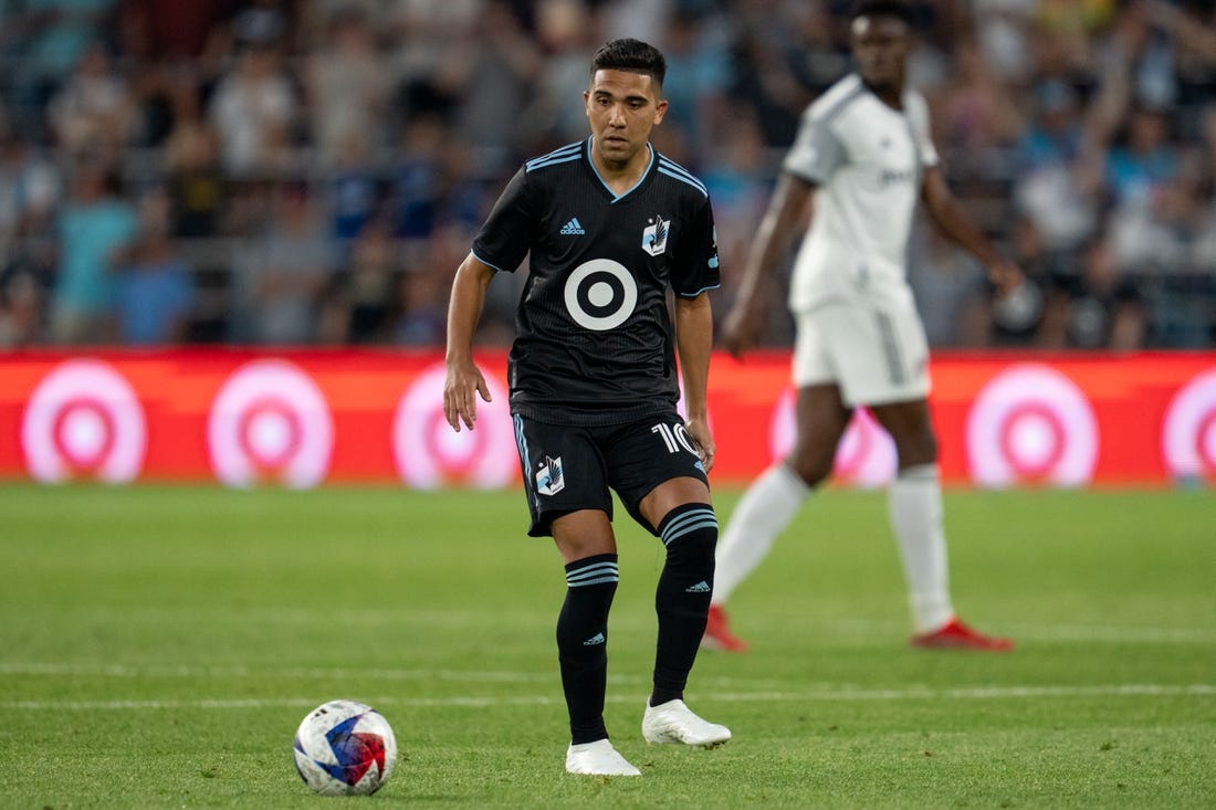 Jun 3, 2023; Saint Paul, Minnesota, USA; Minnesota United midfielder Emanuel Reynoso (10) returns to the team against Toronto FC in the second half at Allianz Field. Mandatory Credit: Matt Blewett-USA TODAY Sports