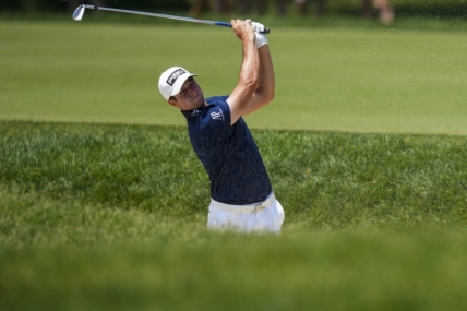 Jun 4, 2023; Dublin, Ohio, USA; Viktor Hovland hits from a bunker on the first fairway during the final round of the Memorial Tournament golf tournament at the Muirfield Village Golf Club. Mandatory Credit: Aaron Doster-USA TODAY Sports
