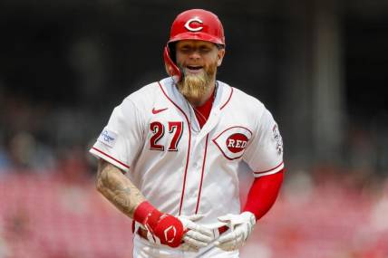 Jun 4, 2023; Cincinnati, Ohio, USA; Cincinnati Reds right fielder Jake Fraley (27) reacts after hitting a solo home run in the seventh inning against the Milwaukee Brewers at Great American Ball Park. Mandatory Credit: Katie Stratman-USA TODAY Sports