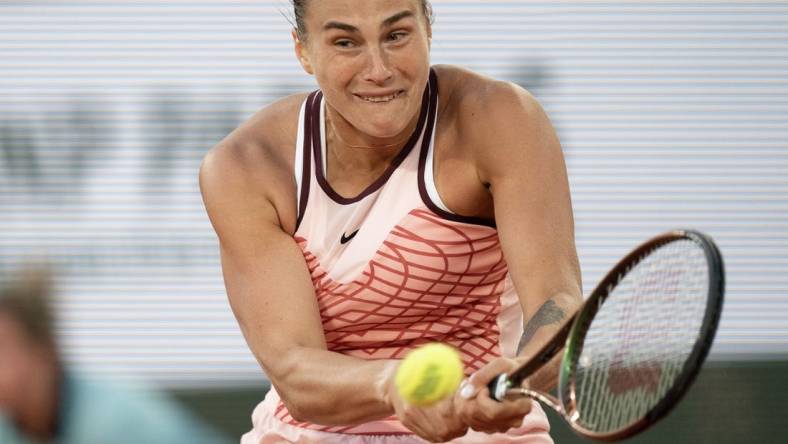 Jun 4, 2023; Paris,France; Aryna Sabalenka returns a shot during her match against Sloane Stephens (USA) on day eight at Stade Roland-Garros. Mandatory Credit: Susan Mullane-USA TODAY Sports