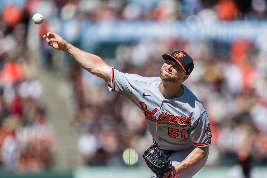 Jun 4, 2023; San Francisco, California, USA;  Baltimore Orioles closing pitcher Austin Voth (51) throws against the San Francisco Giants  during the ninth inning at Oracle Park. Mandatory Credit: John Hefti-USA TODAY Sports