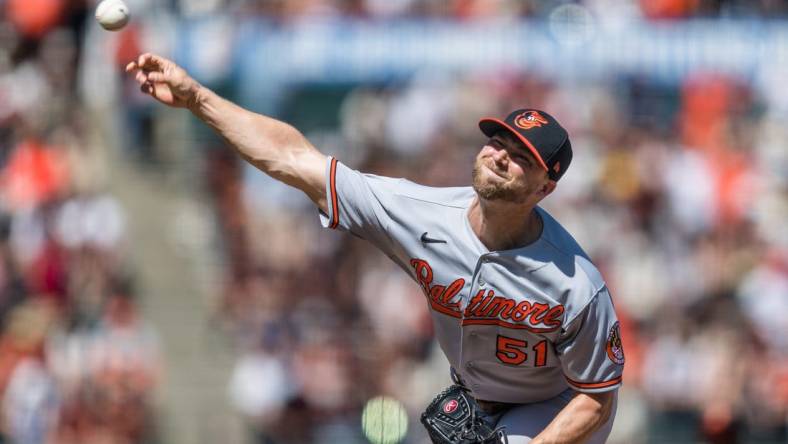 Jun 4, 2023; San Francisco, California, USA;  Baltimore Orioles closing pitcher Austin Voth (51) throws against the San Francisco Giants  during the ninth inning at Oracle Park. Mandatory Credit: John Hefti-USA TODAY Sports