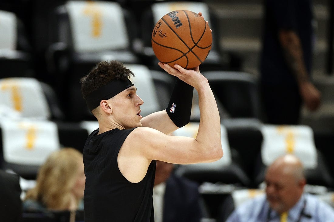 Jun 4, 2023; Denver, CO, USA; Miami Heat guard Tyler Herro (14) warms up before game two against the Denver Nuggets in the 2023 NBA Finals at Ball Arena. Mandatory Credit: Isaiah J. Downing-USA TODAY Sports