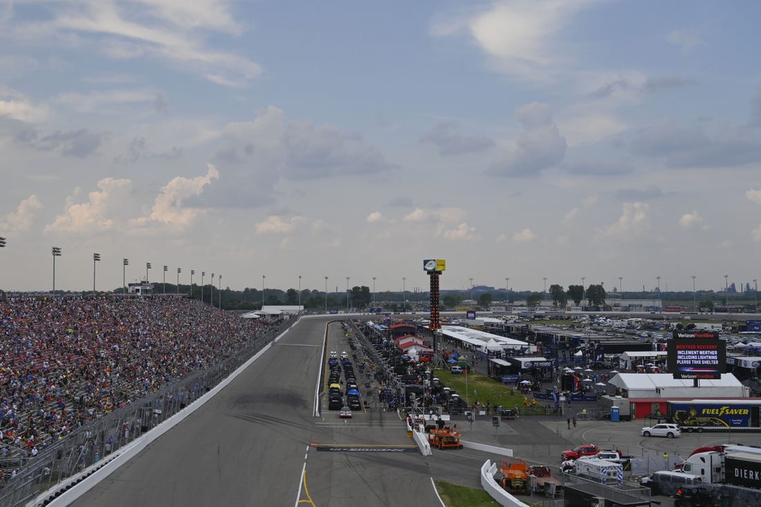 Jun 4, 2023; Madison, Illinois, USA; A general view of World Wide Technology Raceway during a weather delay during the Enjoy Illinois 300 at World Wide Technology Raceway. Mandatory Credit: Joe Puetz-USA TODAY Sports