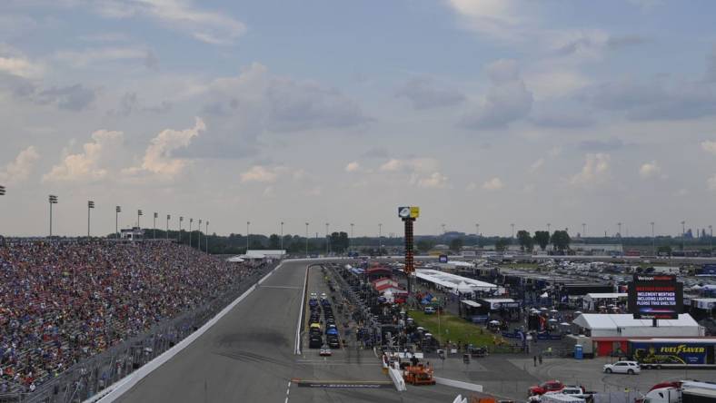 Jun 4, 2023; Madison, Illinois, USA; A general view of World Wide Technology Raceway during a weather delay during the Enjoy Illinois 300 at World Wide Technology Raceway. Mandatory Credit: Joe Puetz-USA TODAY Sports