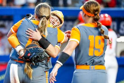 Tennessee players celebrate after winning a softball game between Oklahoma State (OSU) and Tennessee at the Women's College World Series at USA Softball Hall of Fame Stadium in in Oklahoma City on Sunday, June 4, 2023.