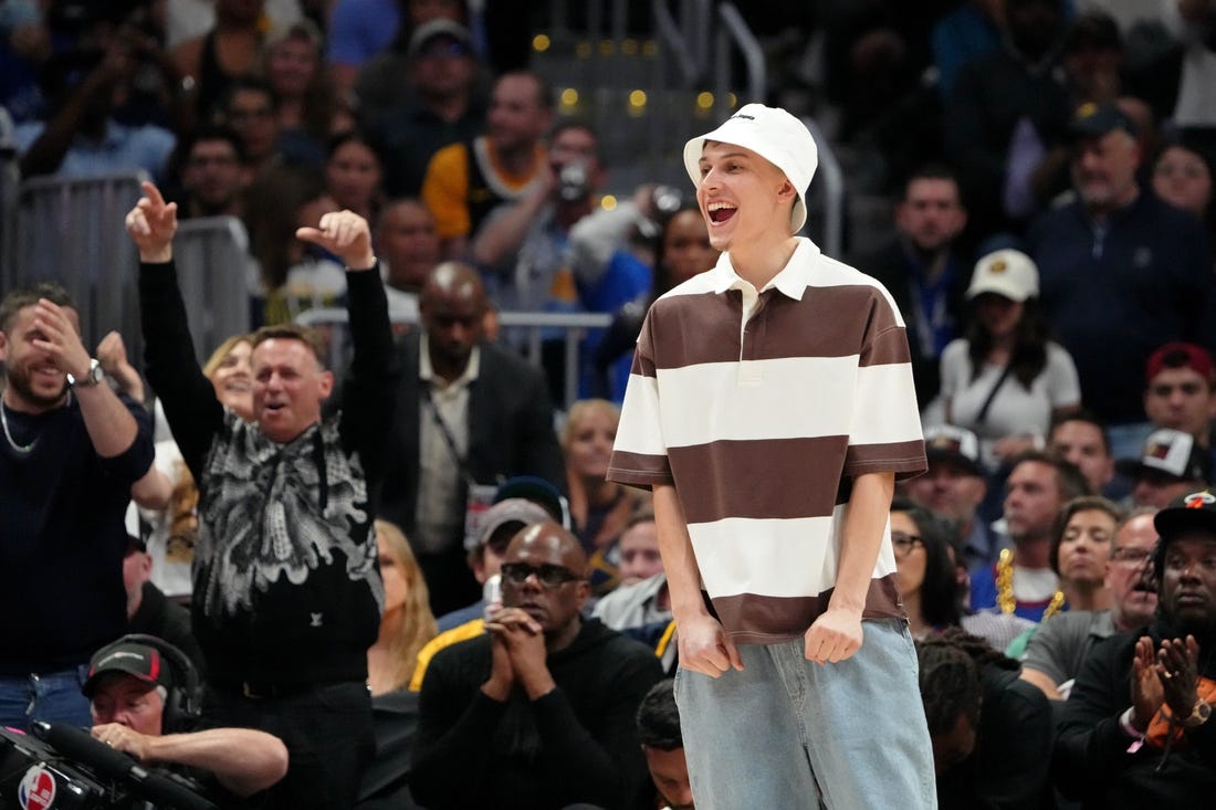 Jun 4, 2023; Denver, CO, USA; Miami Heat guard Tyler Herro (14) reacts after a play against the Denver Nuggets during the fourth quarter in game two of the 2023 NBA Finals at Ball Arena. Mandatory Credit: Kyle Terada-USA TODAY Sports