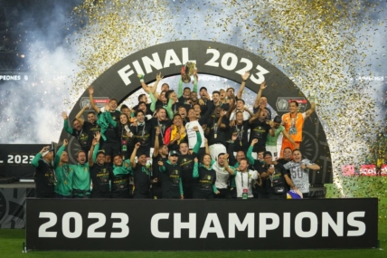 Jun 4, 2023; Los Angeles, CA, USA; Leon players pose after defeating LAFC to win the CONCACAF Champions League championship at BMO Stadium. Mandatory Credit: Kirby Lee-USA TODAY Sports