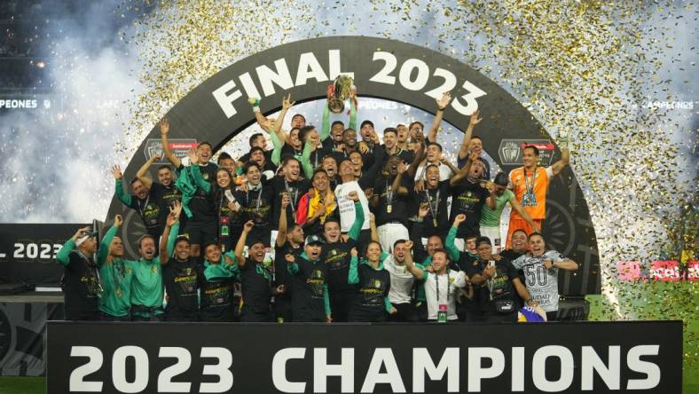 Jun 4, 2023; Los Angeles, CA, USA; Leon players pose after defeating LAFC to win the CONCACAF Champions League championship at BMO Stadium. Mandatory Credit: Kirby Lee-USA TODAY Sports