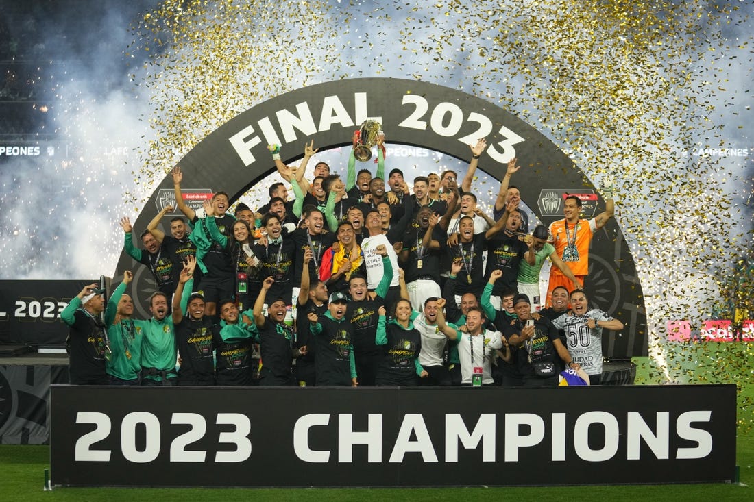 Jun 4, 2023; Los Angeles, CA, USA; Leon players pose after defeating LAFC to win the CONCACAF Champions League championship at BMO Stadium. Mandatory Credit: Kirby Lee-USA TODAY Sports