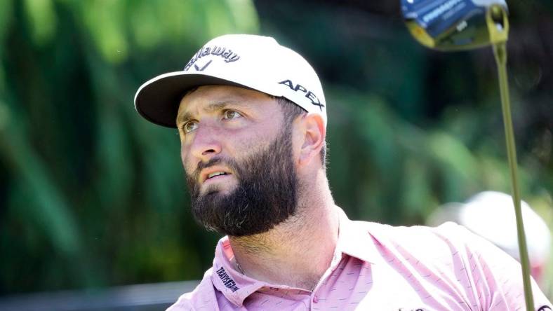 June 4, 2023: Dublin, Ohio, USA; Jon Rahm watches his tee shot on the 17th hole during the final round of the Memorial Tournament at Muirfield Village Golf Club.