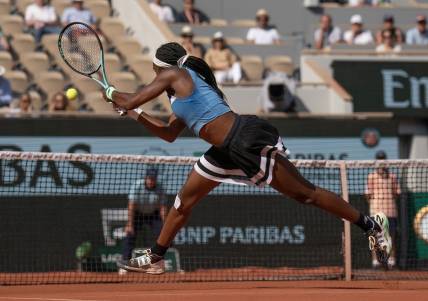 Jun 5 2023; Paris, France; Coco Gauff (USA) returns a shot against Anna Schmiedlova (SVK) on day nine at Stade Roland-Garros. Mandatory Credit: Susan Mullane-USA TODAY Sports