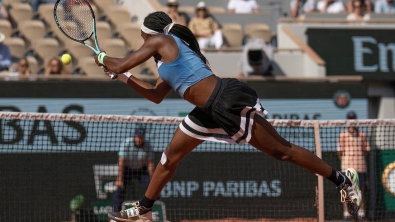 Jun 5 2023; Paris, France; Coco Gauff (USA) returns a shot against Anna Schmiedlova (SVK) on day nine at Stade Roland-Garros. Mandatory Credit: Susan Mullane-USA TODAY Sports