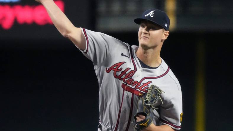 Atlanta Braves Michael Soroka (40) pitches against the Arizona Diamondbacks on June 4, 2023, at Chase Field in Phoenix.