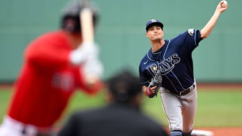 Jun 5, 2023; Boston, Massachusetts, USA; Tampa Bay Rays starting pitcher Shane McClanahan (18) pitches against the Boston Red Sox during the first inning at Fenway Park. Mandatory Credit: Brian Fluharty-USA TODAY Sports