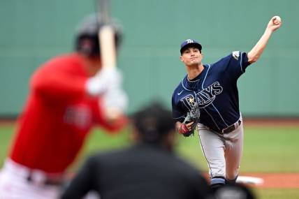 Jun 5, 2023; Boston, Massachusetts, USA; Tampa Bay Rays starting pitcher Shane McClanahan (18) pitches against the Boston Red Sox during the first inning at Fenway Park. Mandatory Credit: Brian Fluharty-USA TODAY Sports