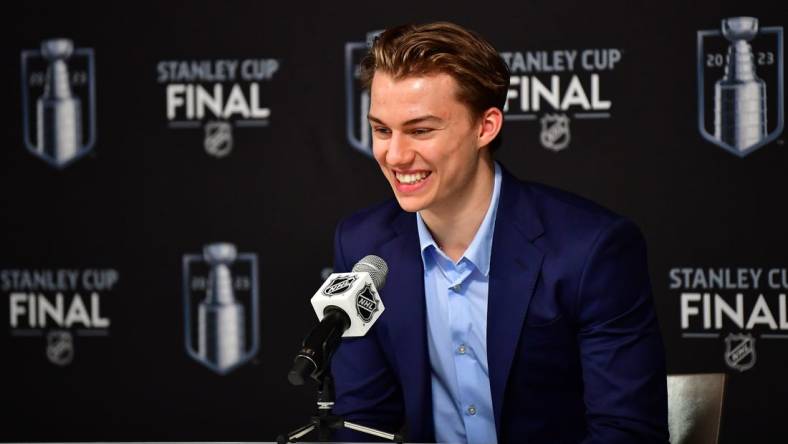 Jun 5, 2023; Las Vegas, Nevada, USA; NHL prospect Connor Bedard speaks to media before game two of the 2023 Stanley Cup Final at T-Mobile Arena. Mandatory Credit: Gary A. Vasquez-USA TODAY Sports