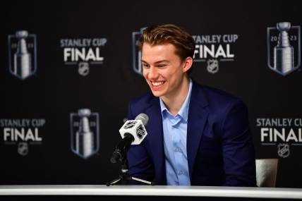 Jun 5, 2023; Las Vegas, Nevada, USA; NHL prospect Connor Bedard speaks to media before game two of the 2023 Stanley Cup Final at T-Mobile Arena. Mandatory Credit: Gary A. Vasquez-USA TODAY Sports