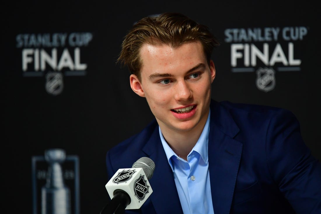 Jun 5, 2023; Las Vegas, Nevada, USA; NHL prospect Connor Bedard speaks to media before game two of the 2023 Stanley Cup Final at T-Mobile Arena. Mandatory Credit: Gary A. Vasquez-USA TODAY Sports