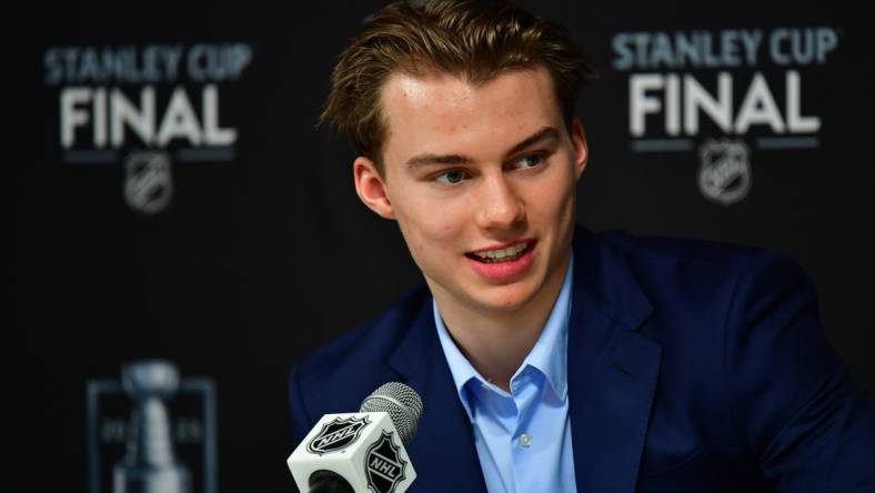 Jun 5, 2023; Las Vegas, Nevada, USA; NHL prospect Connor Bedard speaks to media before game two of the 2023 Stanley Cup Final at T-Mobile Arena. Mandatory Credit: Gary A. Vasquez-USA TODAY Sports