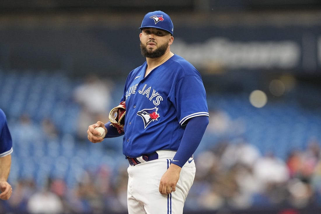 Jun 5, 2023; Toronto, Ontario, CAN; Toronto Blue Jays starting pitcher Alek Manoah (6) reacts before getting pulled from the game during the first inning against the Houston Astros at Rogers Centre. Mandatory Credit: John E. Sokolowski-USA TODAY Sports